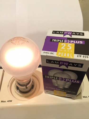 Lampways Triple Plus 25 Watts
Supposed to last 3 & half times as long as a standard 1000 hour lamp
