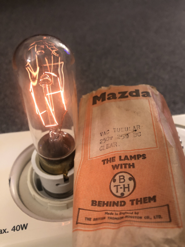 Mazda Tubular 25 Watt
Another lamp in good condition with packaging, any clues on the age please? There is a number "58" on it.
