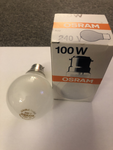 Osram 100 Watt GLS
Made in France, Double fused, Code = h529
