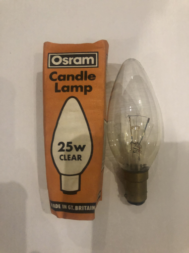 Osram Clear Candle
240 Volt, Double fused, SBC-B15, Gt. Britain.
