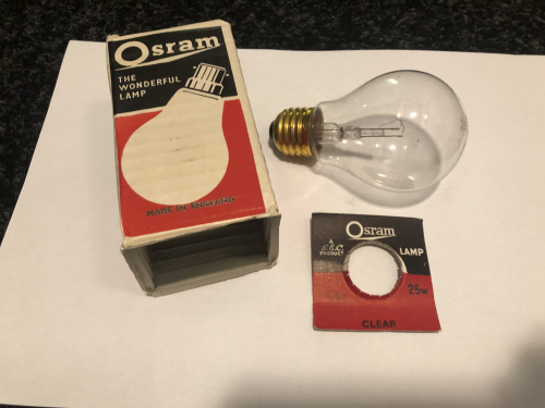 Osram (GEC) 60 Volt 25 Watt
Packaging & lamp in excellent condition for age, Code = 2983
