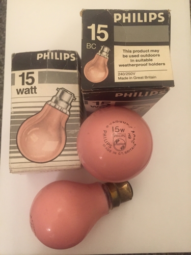 Philips Pink 15 Watt
Code is either 6H or H9, BC (B22) Cap, 240 Volts, Made In Great Britain.
