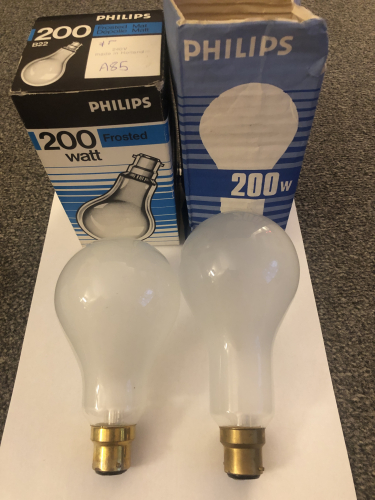 Philips 200 Watt GLS
Left one made in Holland, Right Gt. Britain. Code on right = D6

