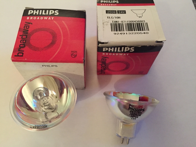 Philips Broadway ELC
24 Volts, GX5.3 Base, Made in Japan, 500 Hours life, Often used in disco lighting.
