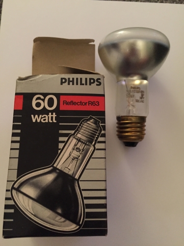 Philips R63
Made in Holland, ES-E27, 240 Volts, Code = A5.
