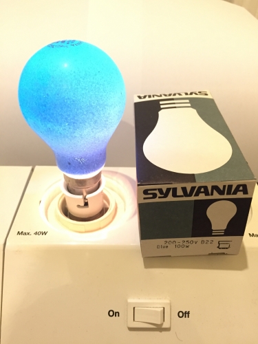 Sylvania 100 Watt Blue
I now have these in Green, Yellow & Blue, still looking for Red, Amber & Pink if they were made
