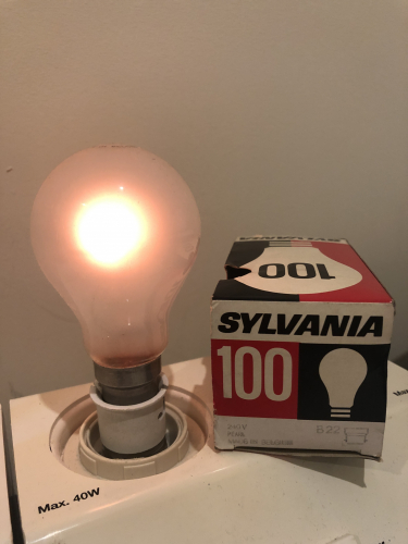 Sylvania 100 Watt GLS
Made In Belgium, 240 Volts
