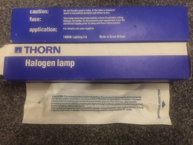 Thorn 500 Watt Halogen
Picked up a bunch of these, I might use some in an outdoor light but I will be preserving some. I've not opened the packaging on any yet.
240 - 250 Volt. I think the code = K1
