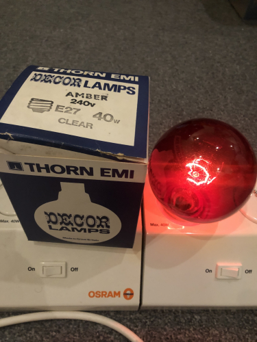 Thorn EMI Amber G95
This lamp seems more red than amber when lit.
