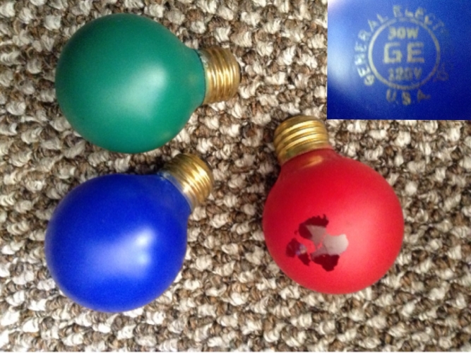 GE 30w Type D Globe Bulbs
Found at Salvation Army 2 years ago. Red bulb had its paint peeled due to tape on the flat box they came in. 
