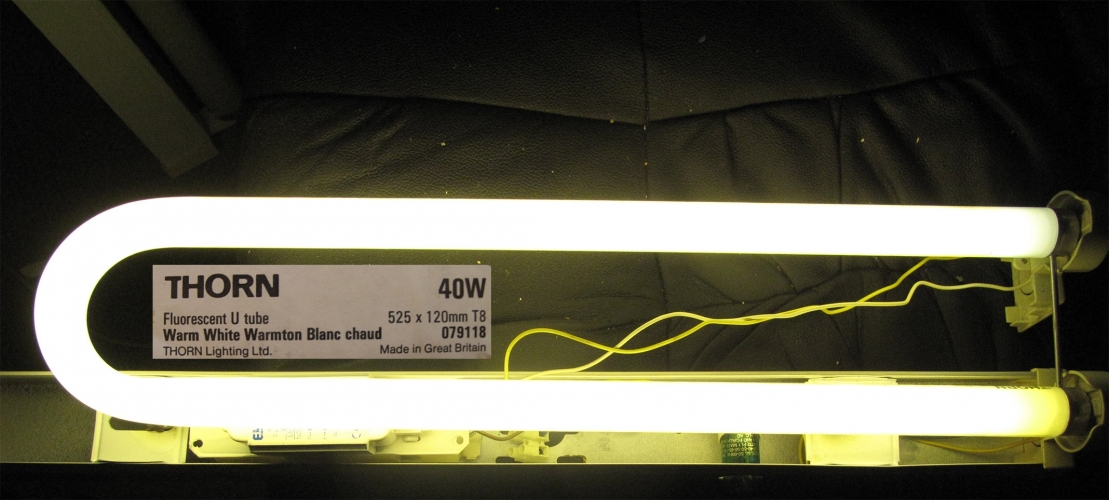 Thorn Warm White 40W U T8 Fluorescent
Got 6 of these for Â£15.
Powered one up for you to see but it was only briefly as I only had a 30W ballast at hand.
Would love to build a proper fitting for these
Keywords: T8;fluorescent;40w;U