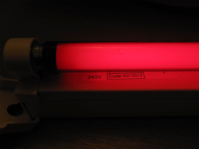 Red 8W T5
Ex MOD stock.
Get two for a fiver on ebay.
It's a Philips 830 tube with some thick red acrylic tube glued over.
There is a bit of purple in the image but you can't see that.
I'm assuming it's some infra or ultra leaking through.
It's a solid shade of red, like darkroom red.
Very nice tube.
