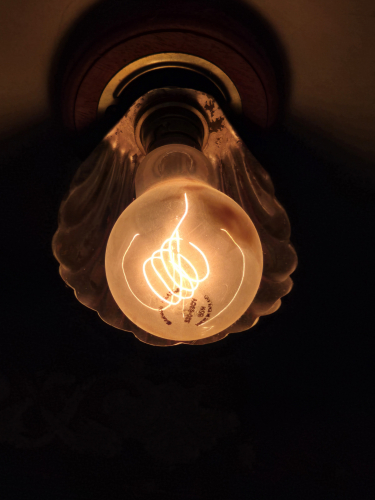"Carbon Heater" carbon filament incandescent bulb
There were 2 of these fixtures inside Osbourne House, Isle of Wight, that are using these carbon filament incandescent bulbs that are "Carbon Heater" type but obviously done to suit the Victorian aesthetic of this landmark building 
