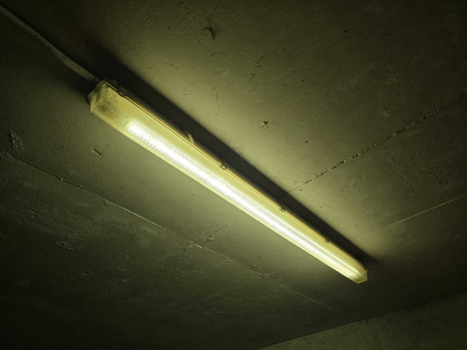 Crompton Tufflite (Prismatic cover version) converted to LED
At Swan Car park in High Wycombe, Buckinghamshire 

Most of these had a rly awful yellowish colour 
