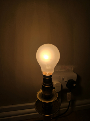 Wickes 100W incandescent pearl bulb lit up
Here it is lit up 

I do miss the use of 100W incandescent bulbs 
