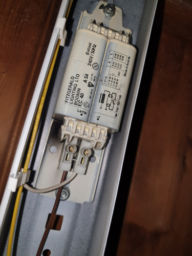 Failed 36W/40W Tridonic magnetic ballast
Inside the Fitzy 40W T12 fluorescent fixture. Basically it went with a soft bang and tripped the circuit breaker when I plugged it 

