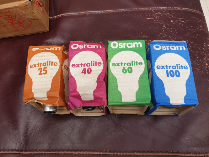 OSRAM Extralites 25W, 40W, 60W and 100W
From last year car boot sale 

I happen to have like a carboard box worth of the 100W ones (I've discarded the original shipping carboard box as it was very dirty) 
