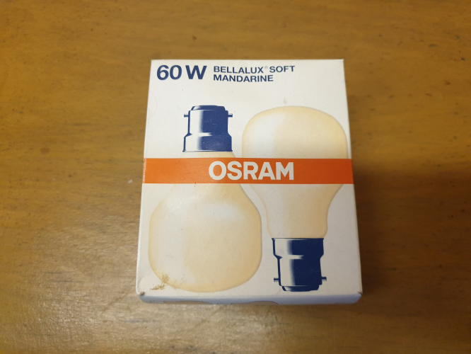 2x OSRAM Bellalux Manderina 60W T shaped bulbs
From last year car boot sale 

These are the 1980s descendant of the original square shaped bulbs that OSRAM made back in the 1970s. I believe the manufacturing design was passed onto GE as it has this identical shape compared to the more rounder shape of the Philips Softones 
