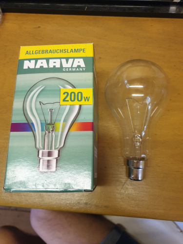 Narva 200W incandescent GLS
From carboot sale of last year 
