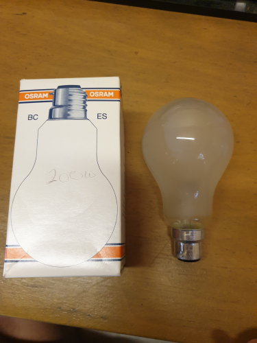 OSRAM 200W GLS (GB made)
From car boot sale last year

The size is smaller than it's Slovakian made version for the same wattage
