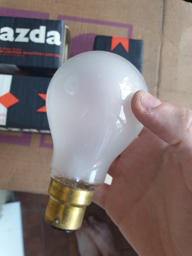 Mazda 15W GLS incandescent that is vacuum, not gasfilled 
Again got a boxs worth of these vacuum filled GLS incandescent bulbs by Mazda 

Made for applications where an ordinary Argon filled bulb would be unsuitable to use 
