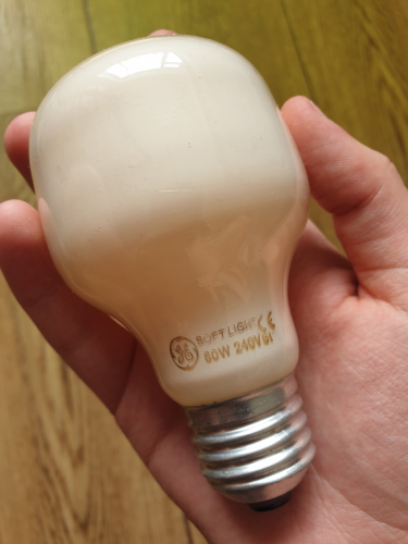 GE Softlight 60W peachy coloured T shaped bulb
From car boot sale 
