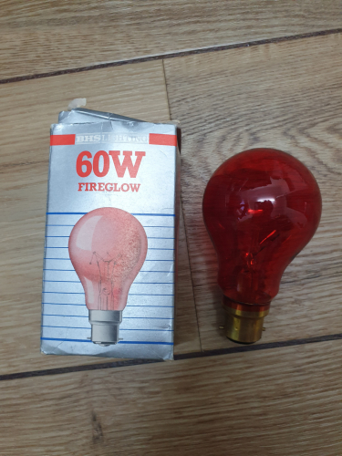 BHS Fireglow 60W incandescent bulb 
GLS incandescent 60W Fireglow red 

Has a lovely zig zag filament 
