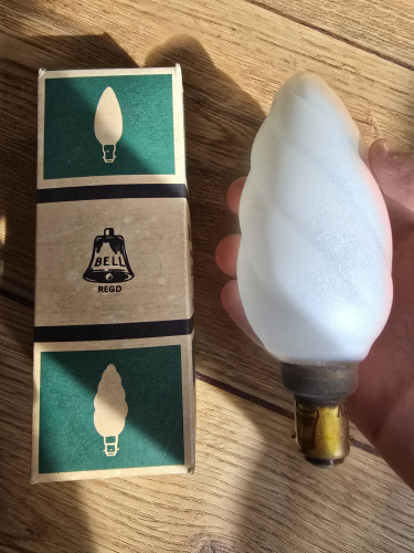 BELL Wimbledon made 40W frosted twisted candle bulb B15
Another faaab candle bulb 
