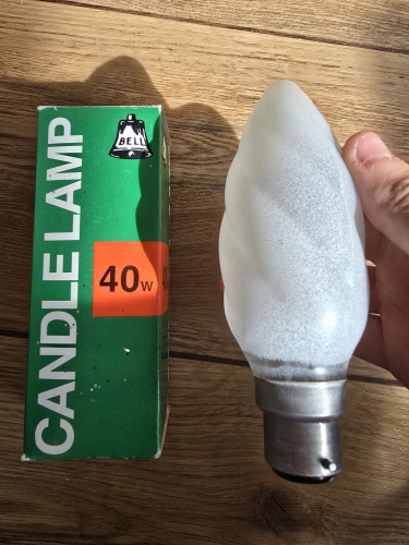 BELL Wimbledon 40W twisted frosted candle bulb B22 
With a slightly more recent packaging design and B22 base instead of B15 
