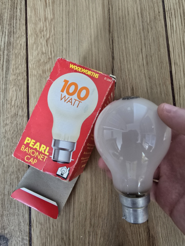 Woolworths 100W GLS incandescent bulb 
From Sunday car boot sale 
