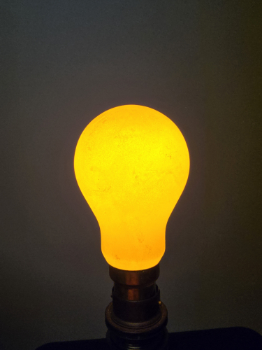 Atlas yellow 25W GLS bulb lit up 
Gorgeous yellow colour that is - very very much like the bug yellow bulbs in the US
