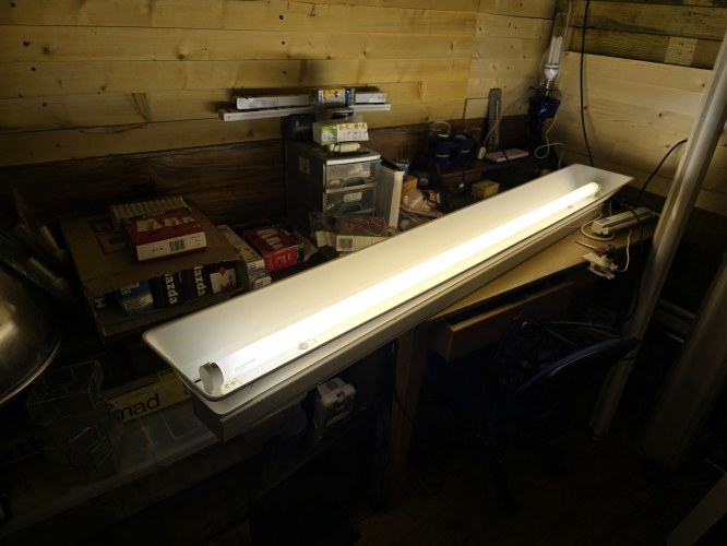 GEC plastic trough SRS ballasted 65W fluorescent fixture 
Thanks to Slyspark for this 

Has got a 'designer' edge to it with that plastic trough reflector 

Tube is a Sylvania GTE Standard White colour 135 and is made in Germany! 
