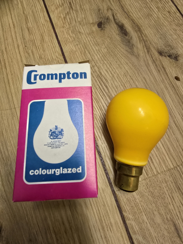 Crompton Colourglazed Amber 60W GLS 
Made in the UK proper one 

Got 3 of them in total from that charity shop in Newbury
