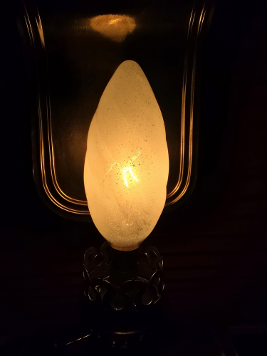 Crompton 40W frosted Manor House incandescent candle bulb lit up
Thanks to Beta 5 for trading this one 

This one is frosted and still has the same twisted design and 40W 
