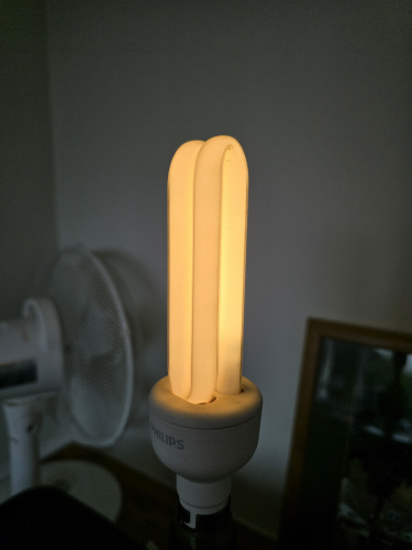 Philips Economy 14W stick CFL
Philips Economy 14W "folded" 2 turn stick CFL 

Made in Holland and has the all plastic base 
