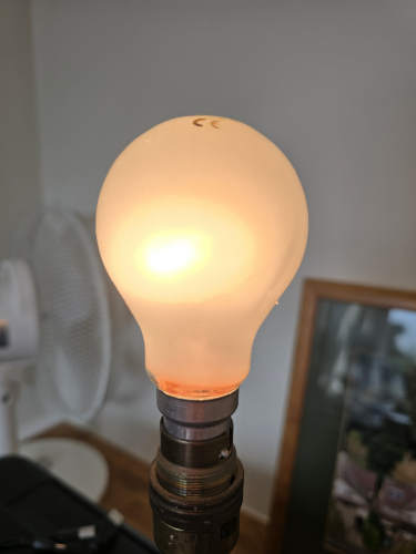 GE 60W pluslife incandescent bulb lit up
Not what you'd get from a regular GE incandescent 
