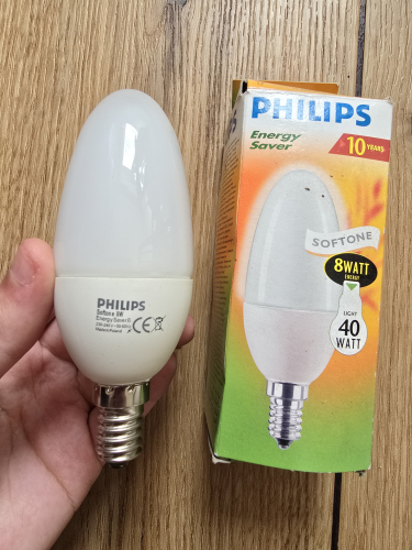 Philips Softone candle 8W CFL 
Made in Poland and it has the stick tubing inside than spiral 

