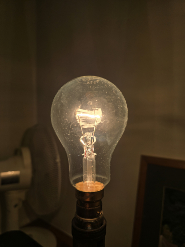 Philips 150W GLS incandescent bulb lit up
The 1983 made Philips 150W clear incandescent GLS bulb lit up that I got from Andy
