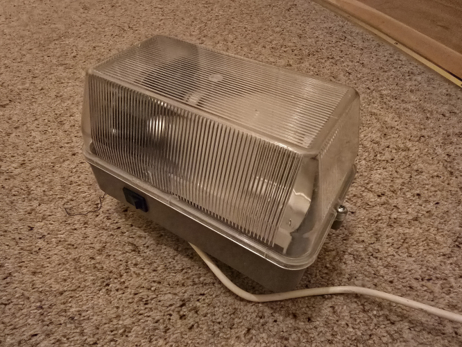 Prismatic incandescent bulkhead with built in switch
Got this from the car boot sale 

Generic modern design but a very nice one especially with the prismatic cover 

The bulb inside is a 60W Tungsram 
