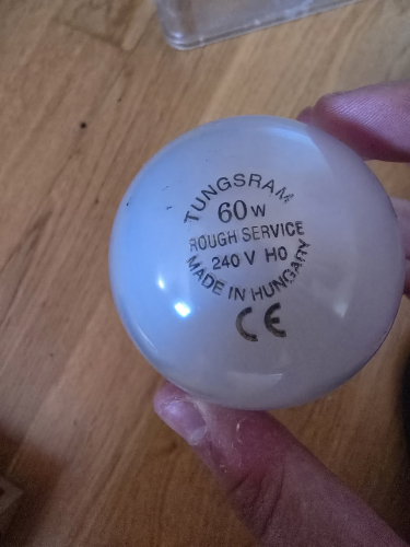 Tungsram 60W rough service bulb
Made in Hungary and is acid etched finish 

This came from the generic bulkhead I got from the car boot sale 
