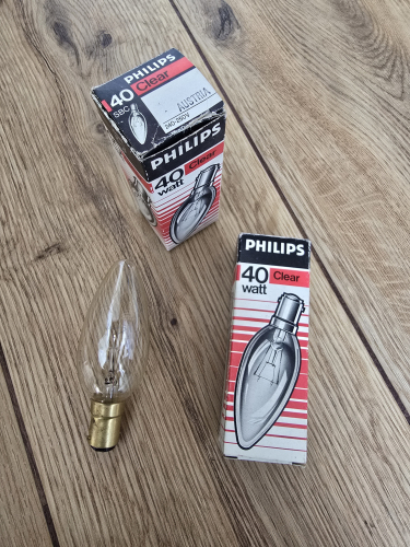 Philips Austria made 40W candle bulbs
From car boot sale 

I had to get these because of the old style 90s stripe packaging 
