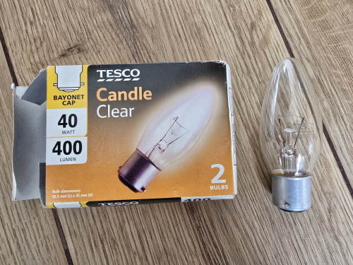 Tesco 40W clear candle bulb
From car boot sale 

Only one bulb though 
