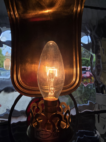 BELL 25W clear candle bulb lit up
Here it is lit up

The shape is quite pod like rather than a proper flame shape 
