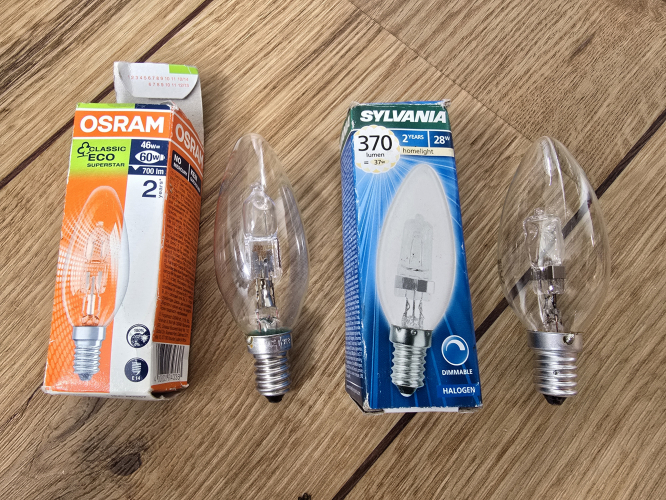 OSRAM Classic Eco 46w and SYLVANIA 28W candle E14 bulbs
Got these two today 
