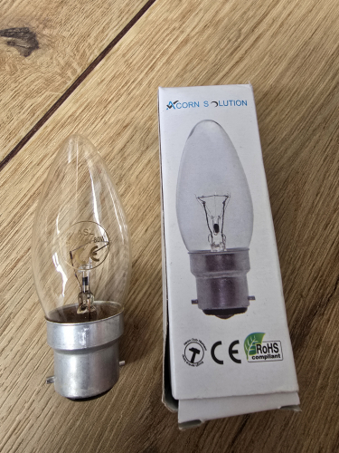 Acorn Solution (ASL) 60W clear candle bulb
Typical Chinese made candle bulb made after the post 2009 ban 
