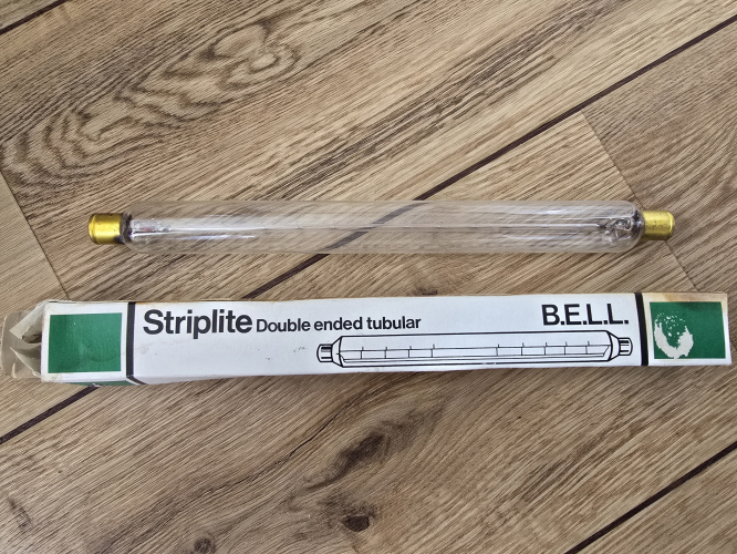 BELL striplite 60w clear incandescent tube
Got it for only 20p today 

Has brass ends on it

