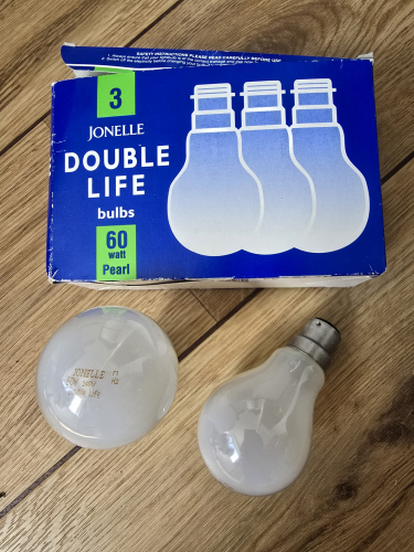 Jonelle Double Life 60W pearl fumed silica finish GLS incandescent bulbs 
Got this today from car boot sale 

I suppose the light output will be of less than 40W as it is double life 
