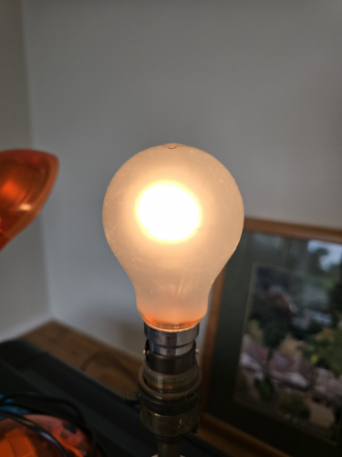 Crompton 40W GLS incandescent bulb lit up
Here's one of the 2x Crompton 40W GLS incandescent bulbs lit up
