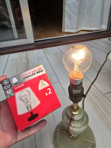 GE 60W smaller than usual GLS incandescent clear bulbs
Again this was seen multiple times at the car boot sale 

I've noticed that GE Hungarian incandescent bulbs don't have the ballotini fuses hence why they tend to trip the circuit breaker when they EOL 
