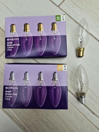 Morrisons candle bulbs
Top is 60W with B15 base 
Bottom is 25W with E14 base 

Both have the obvious design that says made in China with the slanted filament design, no ballotini fuse and the getter on the stem 
